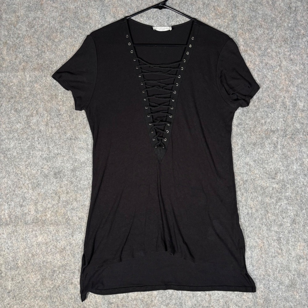 Anthropologie Lavender Field Top Sz L Black Lace Up V-Neck Ribbed Short Sleeve